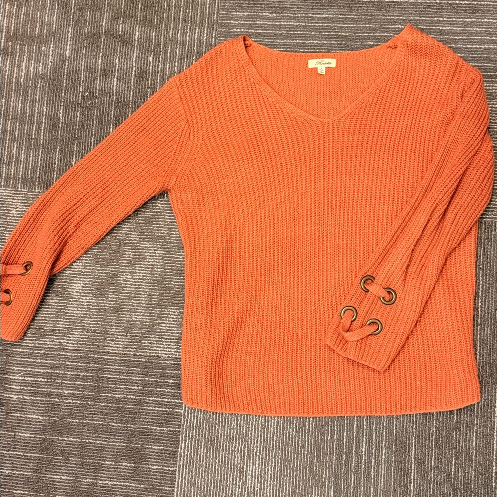 Unknown Brand Orange V-Neck Sweater with Grommet Sleeve Detail